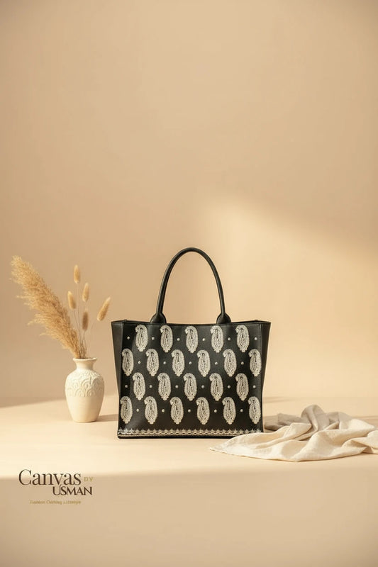 EMBROIDERED LEATHER - BLACK TOTE BAG