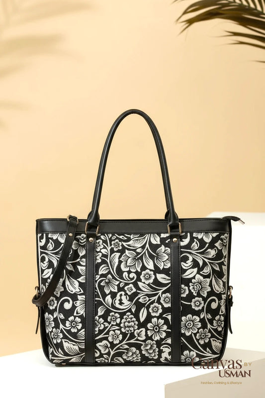 BLACK FLORAL - STRAP CANVAS BAG