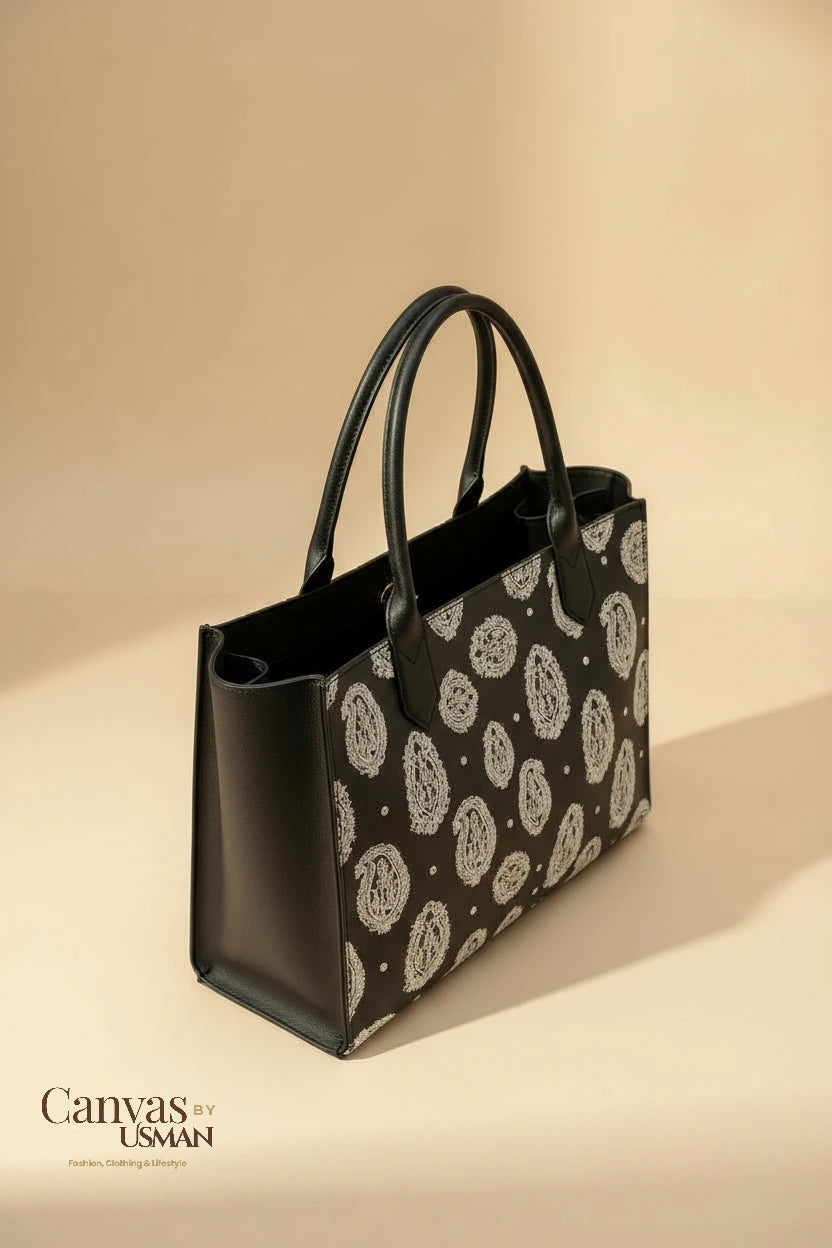 EMBROIDERED LEATHER - BLACK TOTE BAG