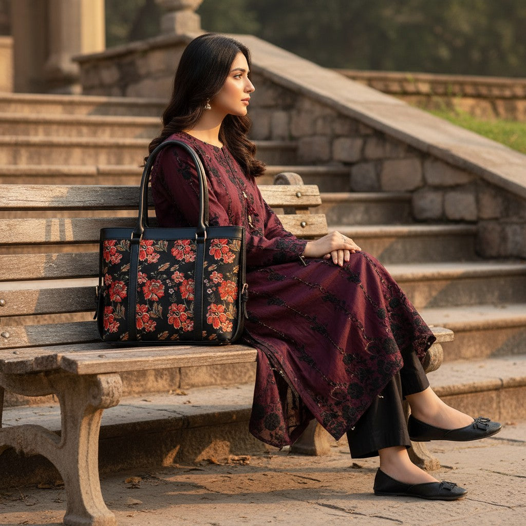BLACK FLOWER - STRAP CANVAS BAG