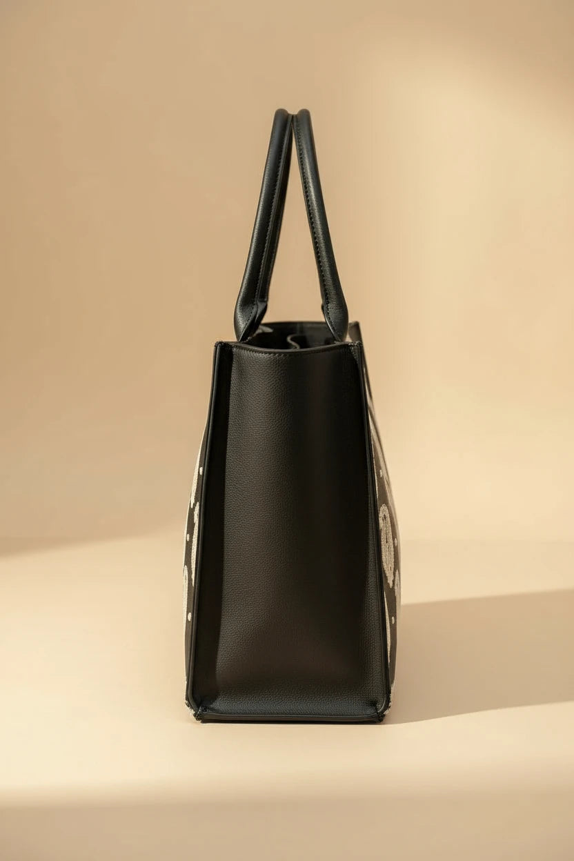 EMBROIDERED LEATHER - BLACK TOTE BAG