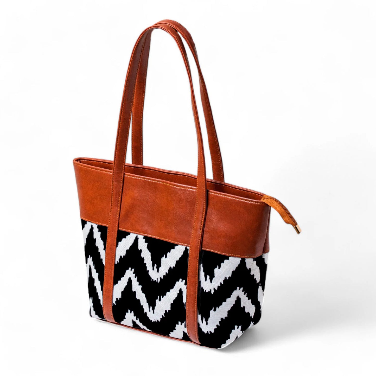 ZIG ZAG LEATHER TOTE - BROWN