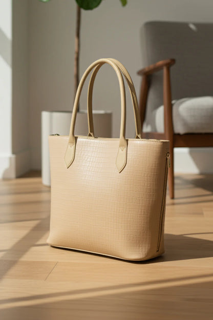 SWIFT ZIP LEATHER TOTE - BEIGE