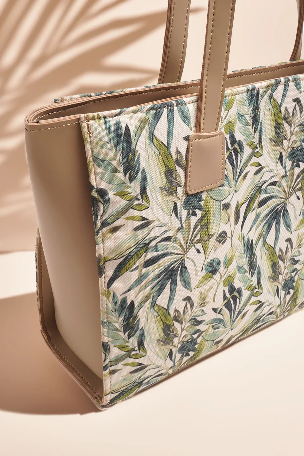 SIDE REXINE CANVAS TOTE - LEAVES