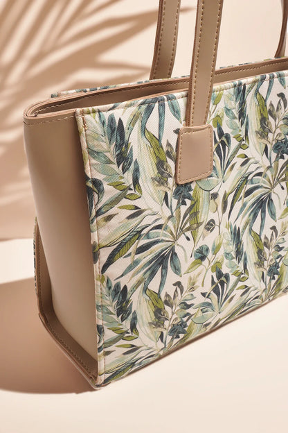 SIDE REXINE CANVAS TOTE - LEAVES