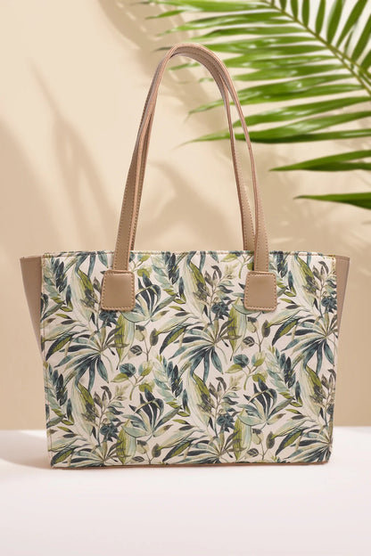 SIDE REXINE CANVAS TOTE - LEAVES