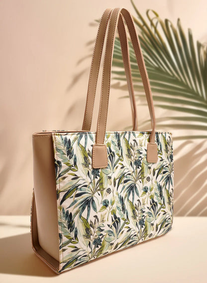 SIDE REXINE CANVAS TOTE - LEAVES