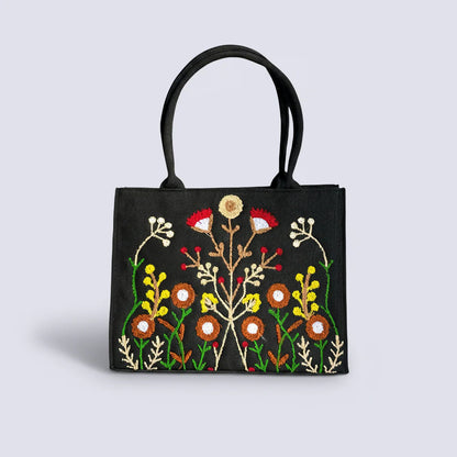 JUTE FLORA EMBROIDERED - BLACK TOTE BAG