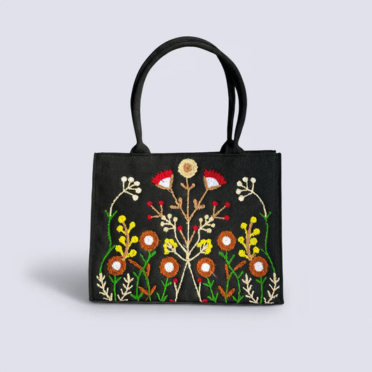 JUTE FLORA EMBROIDERED - BLACK TOTE BAG