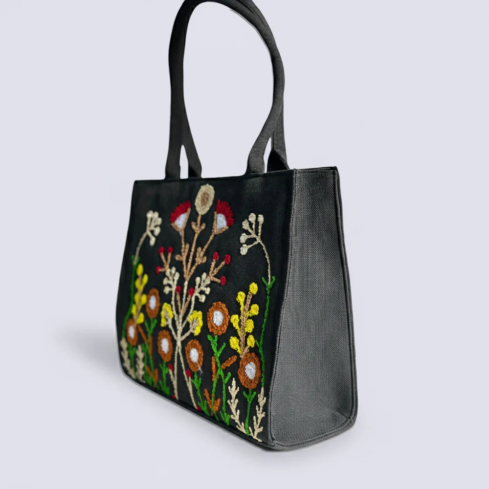 JUTE FLORA EMBROIDERED - BLACK TOTE BAG