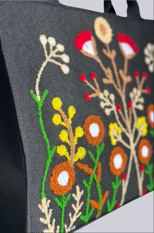 JUTE FLORA EMBROIDERED - BLACK TOTE BAG