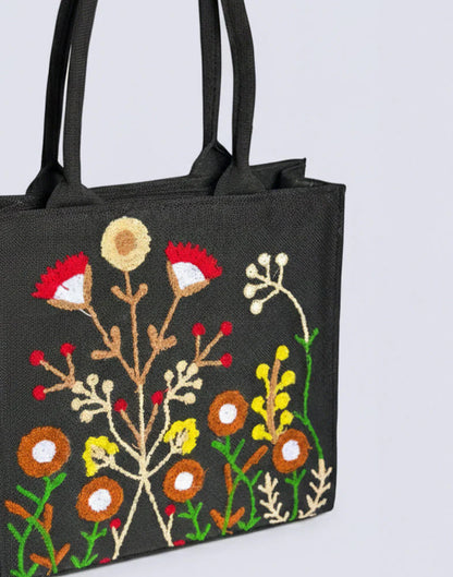 JUTE FLORA EMBROIDERED - BLACK TOTE BAG