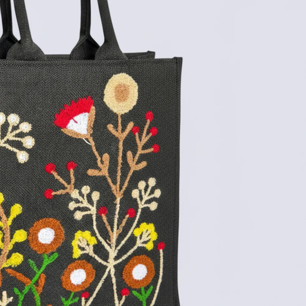 JUTE FLORA EMBROIDERED - BLACK TOTE BAG