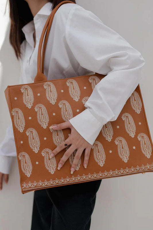 EMBROIDERED LEATHER - MUSTARD TOTE BAG