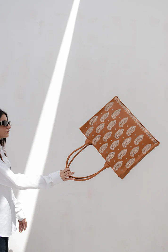 EMBROIDERED LEATHER - MUSTARD TOTE BAG