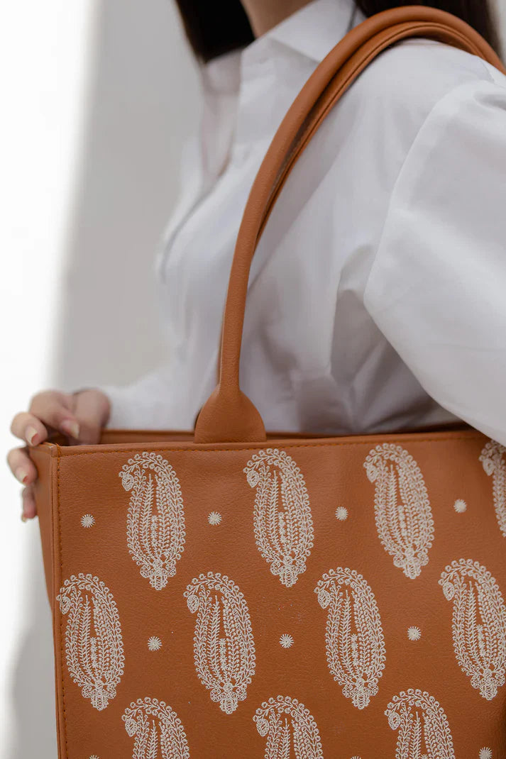 EMBROIDERED LEATHER - MUSTARD TOTE BAG