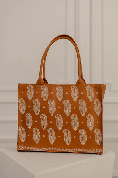 EMBROIDERED LEATHER - MUSTARD TOTE BAG