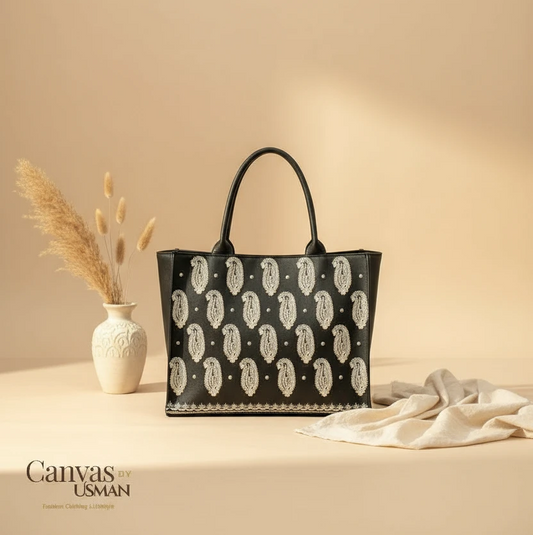 EMBROIDERED LEATHER - BLACK TOTE BAG