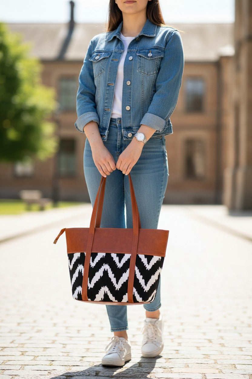 ZIG ZAG LEATHER TOTE - BROWN