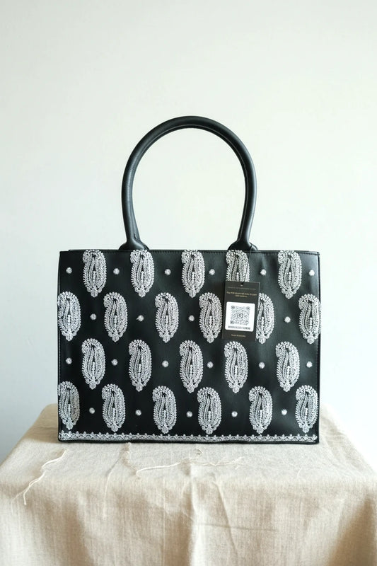 EMBROIDERED LEATHER - BLACK TOTE BAG