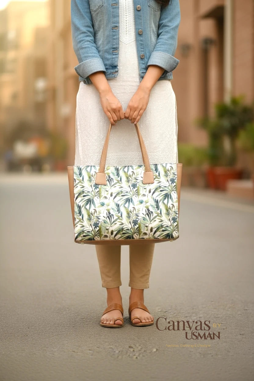 SIDE REXINE CANVAS TOTE - LEAVES