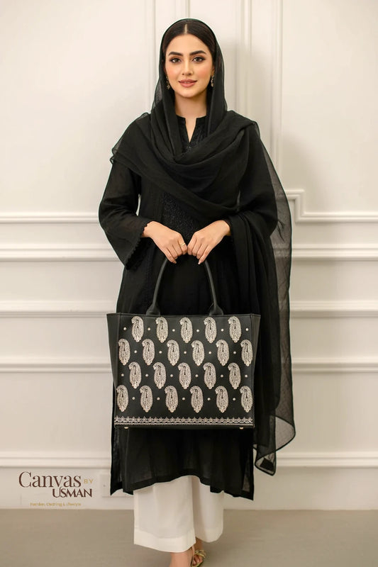 EMBROIDERED LEATHER - BLACK TOTE BAG