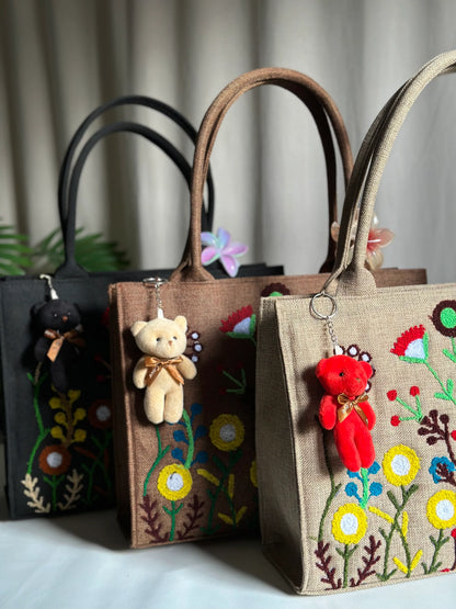 JUTE FLORA EMBROIDERED - BLACK TOTE BAG