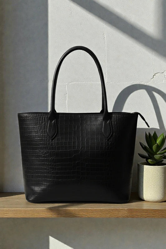 SWIFT ZIP LEATHER TOTE - BLACK