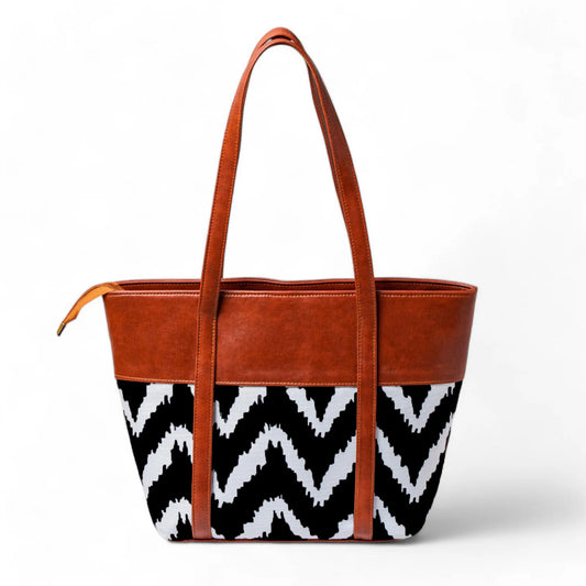 ZIG ZAG LEATHER TOTE - BROWN