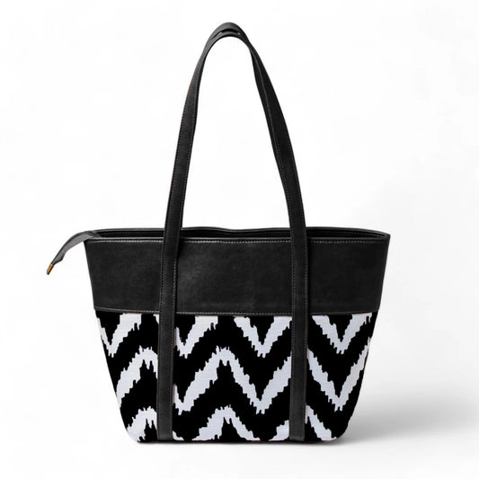 ZIG ZAG LEATHER TOTE - BLACK