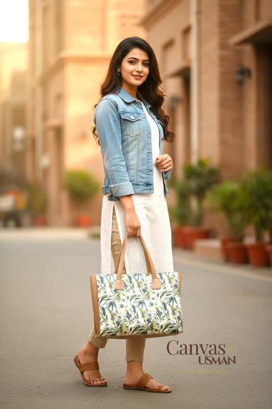 SIDE REXINE CANVAS TOTE - LEAVES