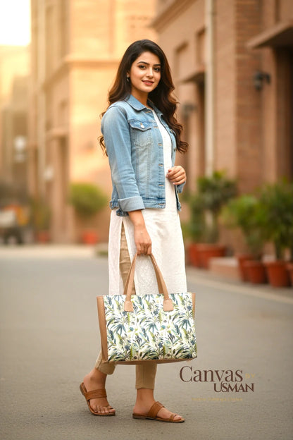 SIDE REXINE CANVAS TOTE - LEAVES