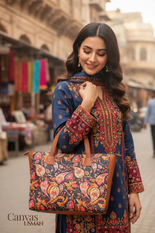 SIDE REXINE CANVAS TOTE - RED LILLY